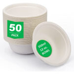 Super Rigid Disposable Paper Bowls Sugercane Biodegradable and Compostable White (340ml 50 Pack)